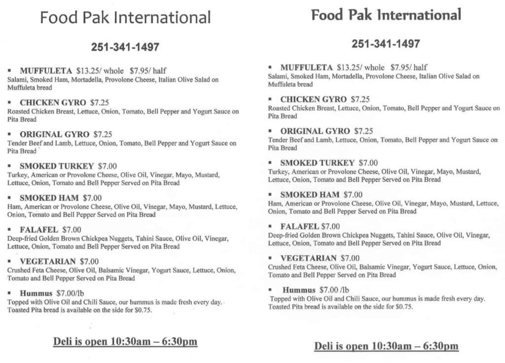 Food Pak International Foods menu 1
